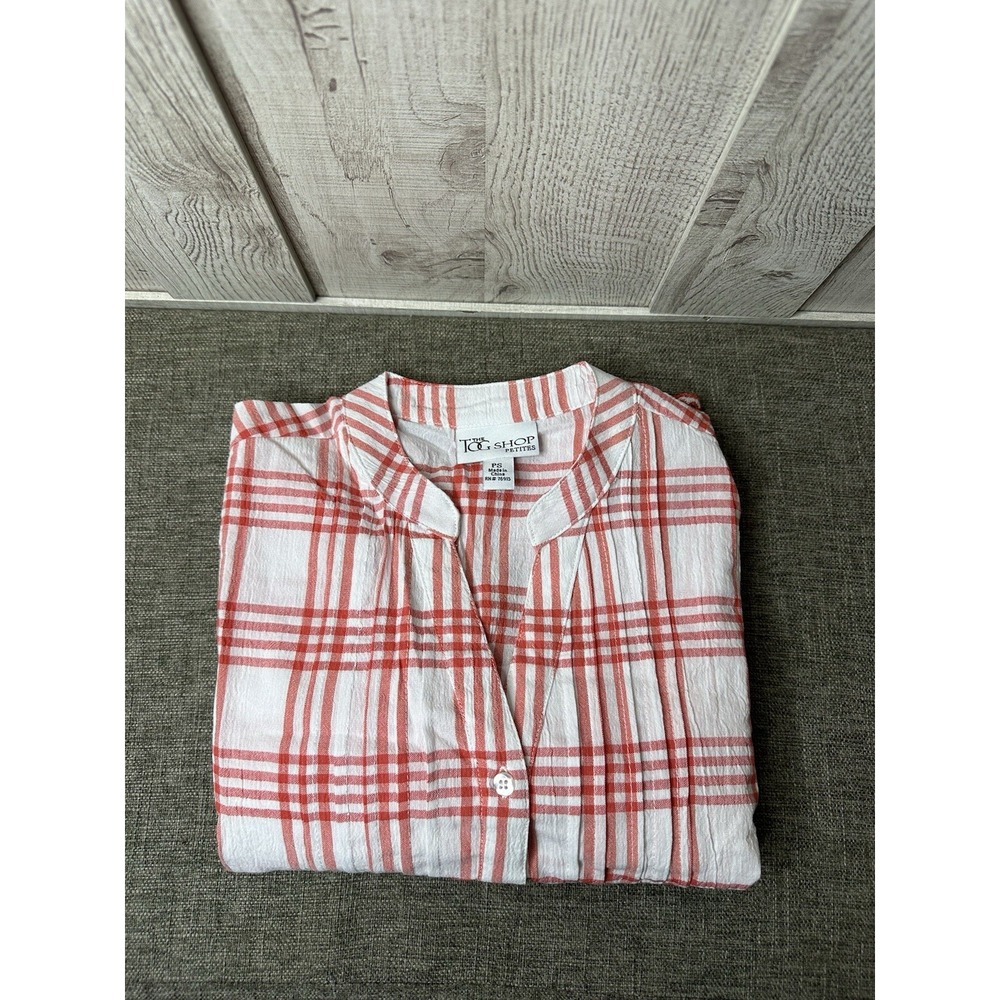 The Tog Shop Petites Small Red White Plaid Eyelet Embroidered Tunic Blouse PS